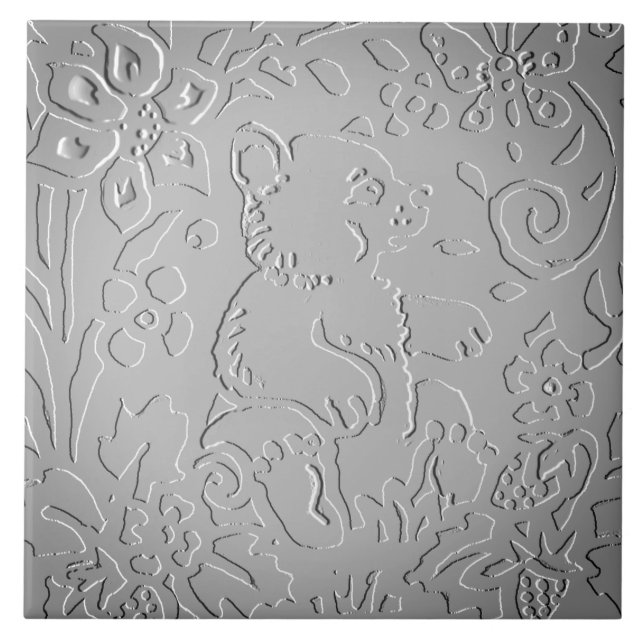 Gray Ombre Bear Woodland Embossed Floral Nature Ceramic Tile (Front)