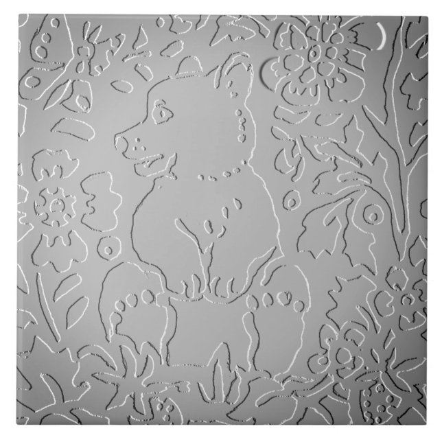 Gray Ombre Bear Woodland Embossed Floral Nature Ceramic Tile (Front)