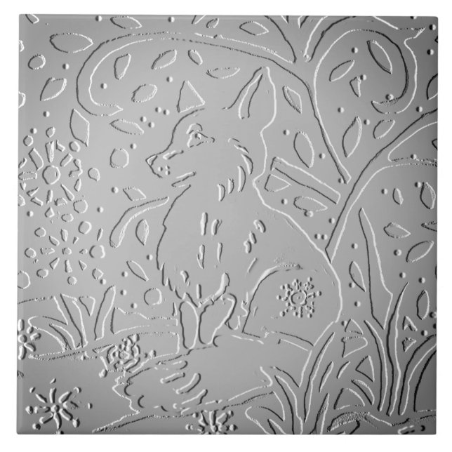 Gray Ombre Fox Woodland Embossed Winter Snowflake Ceramic Tile (Front)