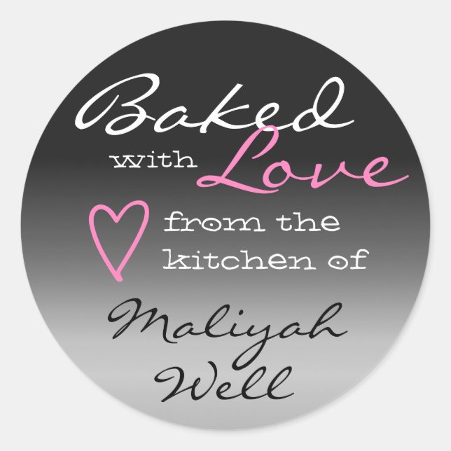 Gray Ombre Gradience Baked with Love Heart Pink  Classic Round Sticker (Front)