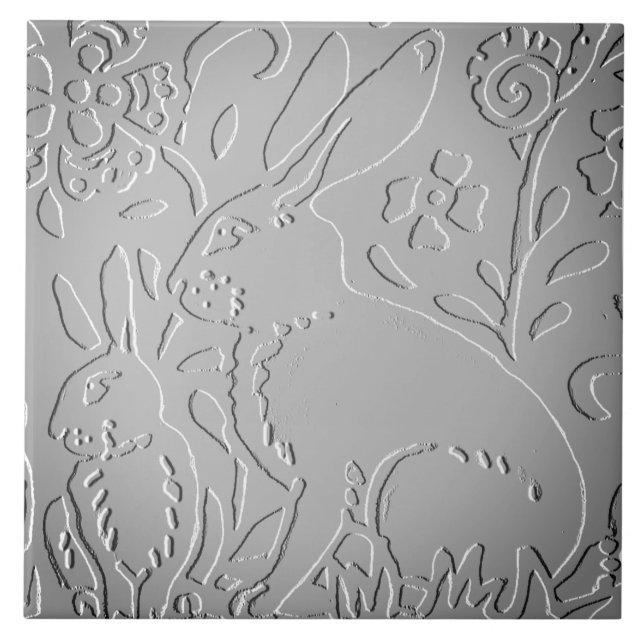 Gray Ombre Rabbit Woodland Embossed Floral Nature Ceramic Tile (Front)