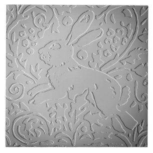 Gray Ombre Rabbit Woodland Embossed Floral Nature Ceramic Tile