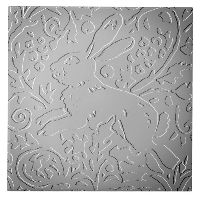 Gray Ombre Rabbit Woodland Embossed Floral Nature Ceramic Tile (Front)