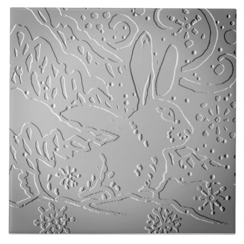 Gray Ombre Rabbit Woodland Embossed Snow Pine Tree Ceramic Tile