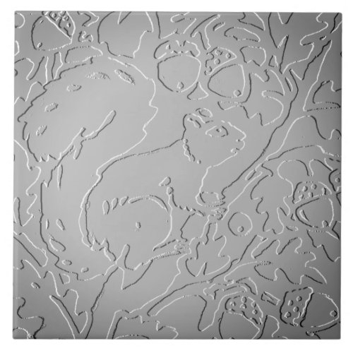 Gray Ombre Squirrel Woodland Embossed Acorn Oak Ceramic Tile