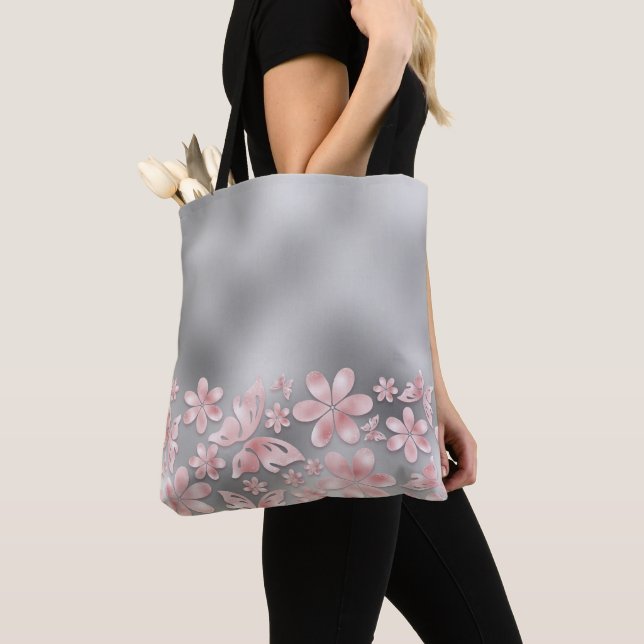 GRAY OMBRE WITH PINK OMBRE FLOWERS BUTTERFLIES TOTE BAG (Close Up)