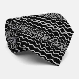 Gray On Black Curvy Twisty Line Drawing Pattern Neck Tie
