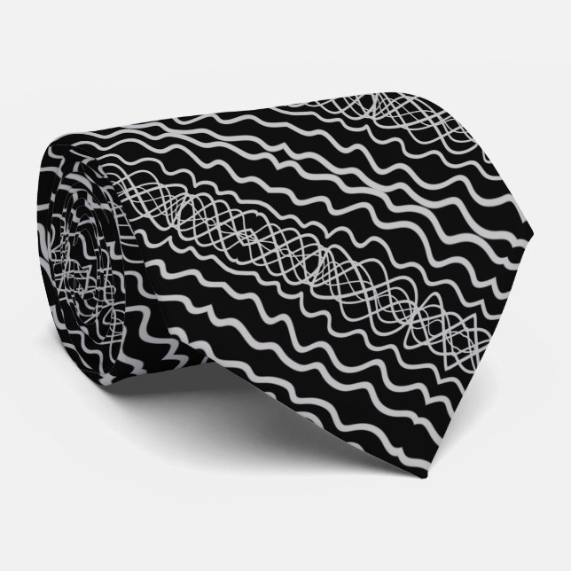 Gray On Black Curvy Twisty Line Drawing Pattern   Neck Tie (Rolled)