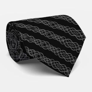 Gray On Black Twisted Curvy Line Drawing Pattern Neck Tie
