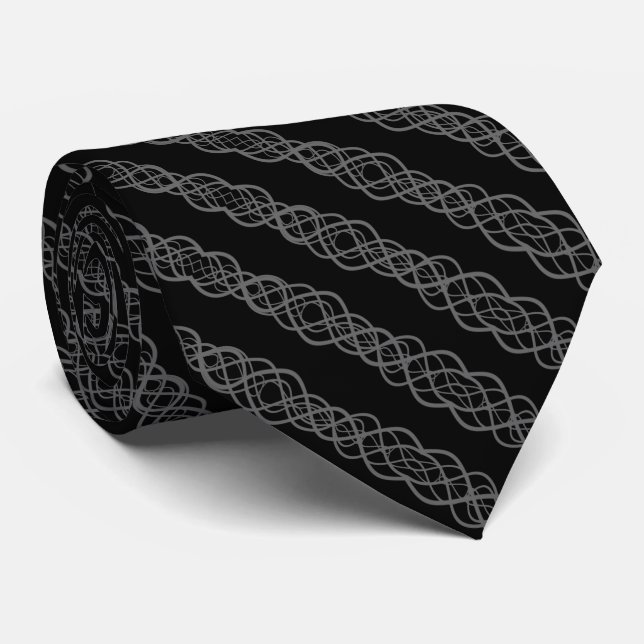 Gray On Black Twisted Curvy Line Drawing Pattern Neck Tie (Rolled)