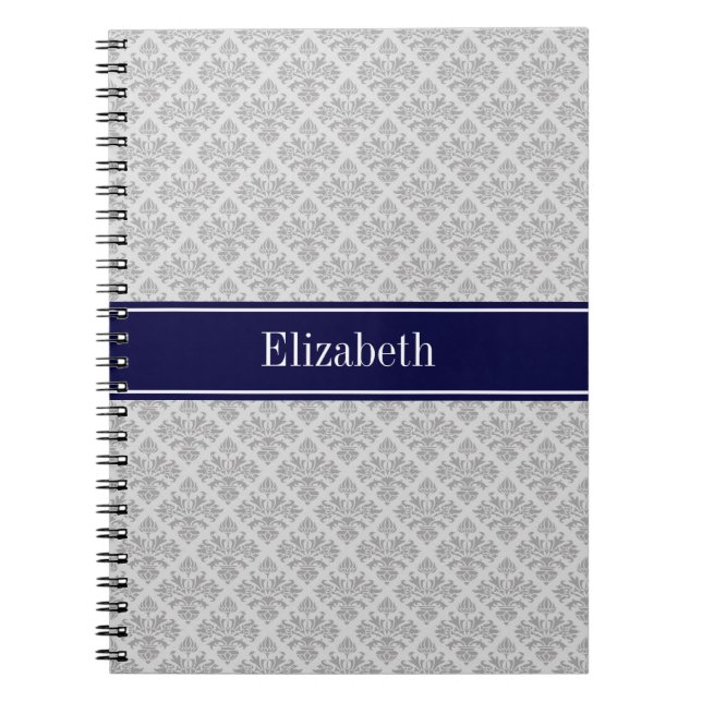 Gray on Gray Damask #3 Navy Blue Name Monogram Notebook (Front)