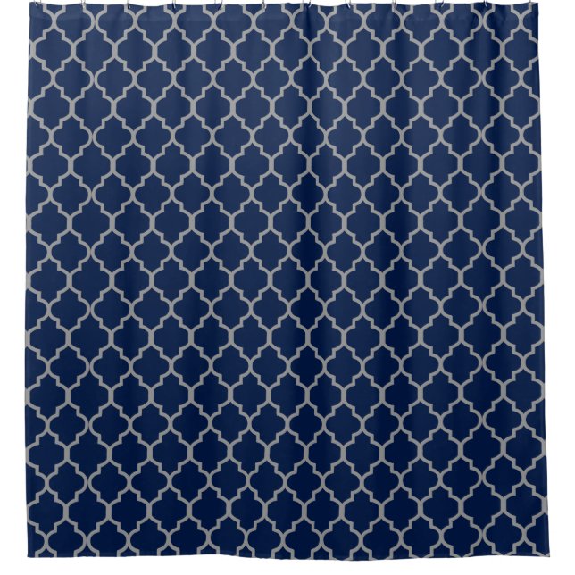 Gray on Navy Blue Quatrefoil Custom Background Shower Curtain (Front)