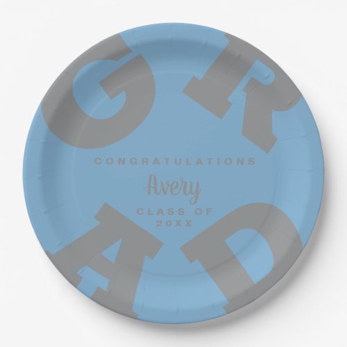 Gray on Powder Blue Bold Text Graduation Paper Plates