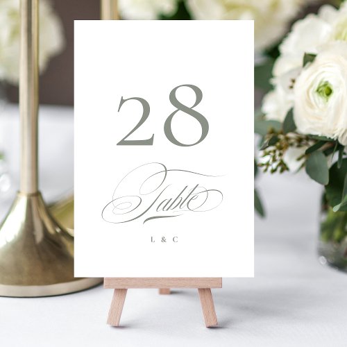 Gray on White Elegant Calligraphy Wedding Table Number