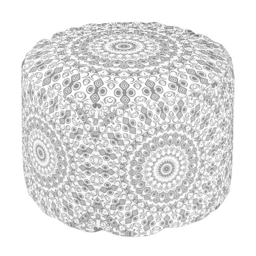 Gray on White Mandala Kaleidoscope Medallion Pouf