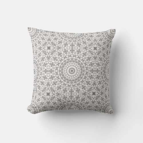 Gray on White Mandala Kaleidoscope Medallion Throw Pillow