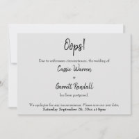 Gray "Oops!" Postponed Wedding Announcement
