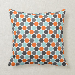 Gray orange aqua blue geometric hexagon pattern throw pillow