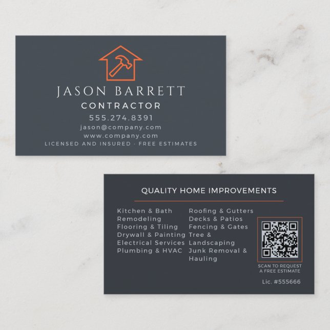 Gray Orange Construction Roofing Handyman QR Code Business Card (Front/Back)