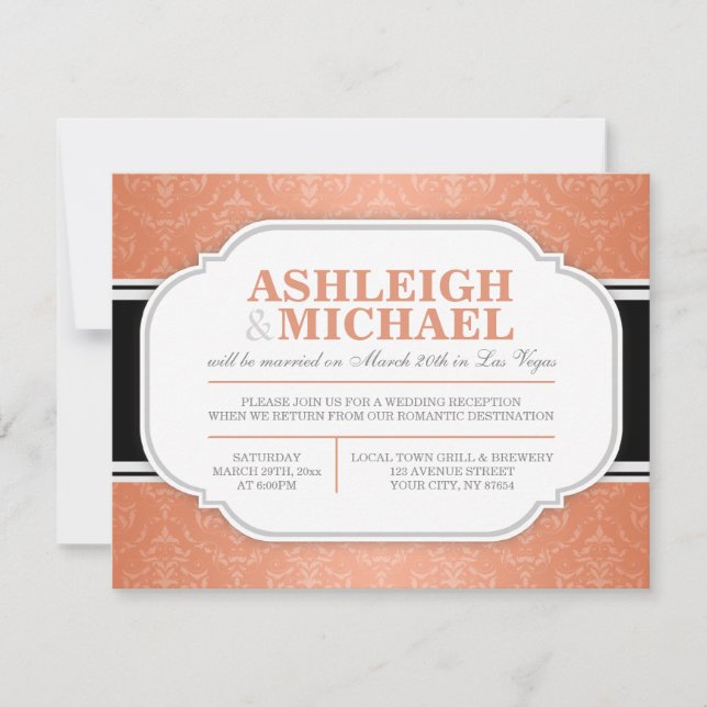 Gray & Orange Damask Wedding Reception ONLY Invitation (Front)