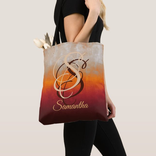 Gray Orange Red Burgundy rustic monogram ombre Tote Bag (Close Up)