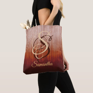 Gray Orange Red Burgundy rustic monogram striped Tote Bag