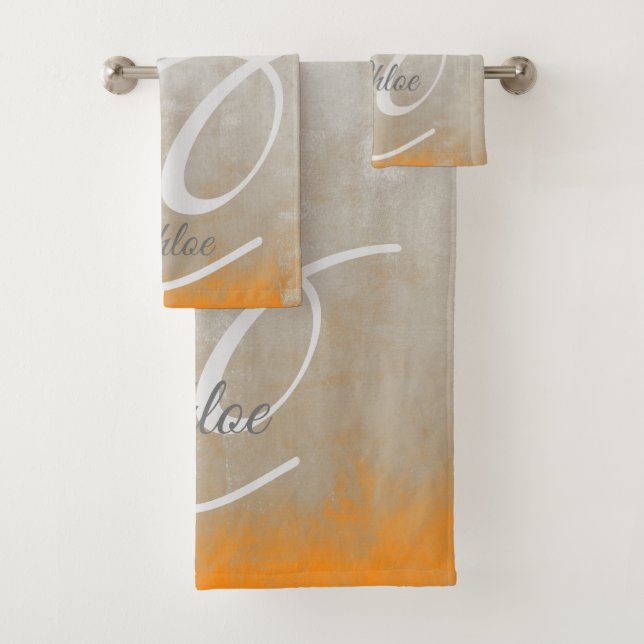 Gray orange rustic Abstract monogram Bath Towel Set (Insitu)
