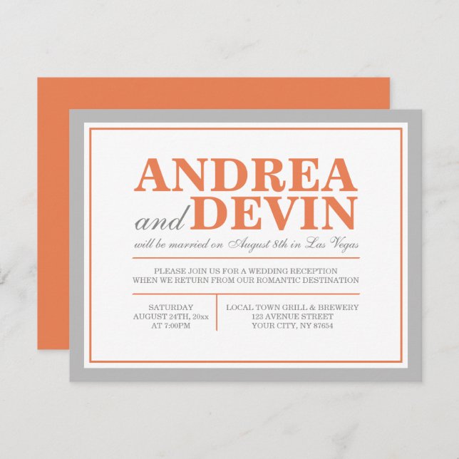 Gray & Orange Wedding Reception ONLY Invitations (Front/Back)