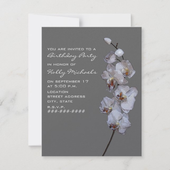 Gray Orchids Birthday Party Invitation (Front)