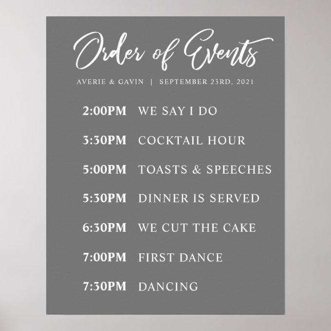 Gray Order of Events Wedding Day Schedule Poster (Front)