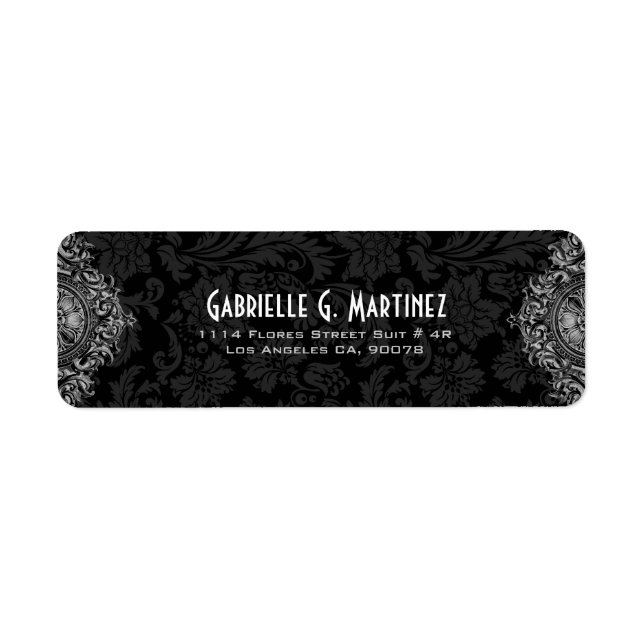 Gray Ornament & Black Floral Damask Pattern 2 Label (Front)