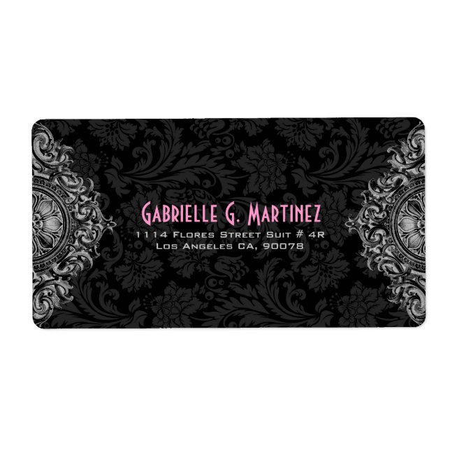 Gray Ornament & Black Floral Damask Pattern Label (Front)