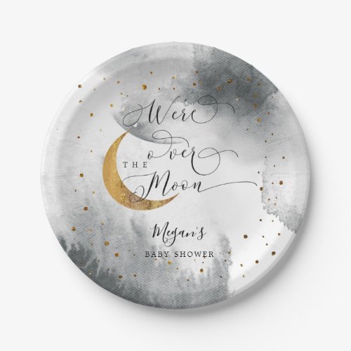 Gray Over the Moon Gold Stars Baby Shower  Paper Plates