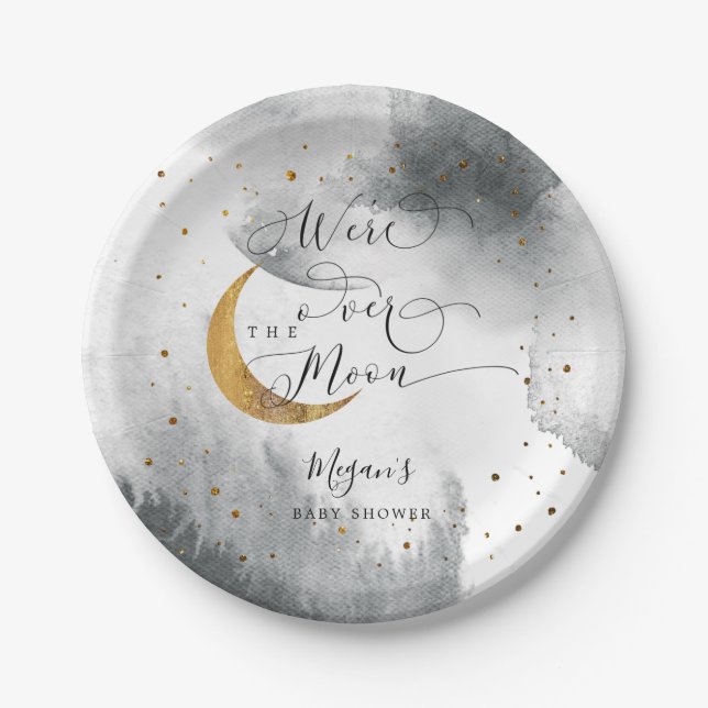 Gray Over the Moon Gold Stars Baby Shower  Paper Plates (Front)