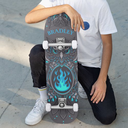 Gray Owl Cool Modern Custom Personalized Name Skateboard