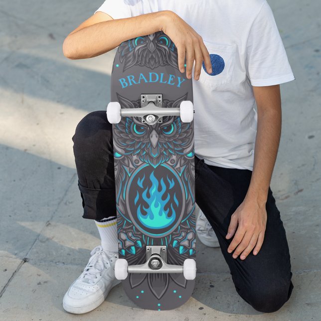 Gray Owl Cool Modern Custom Personalized Name Skateboard (Creator Uploaded)