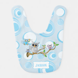 Gray 🦉 Owl on Baby Blue Polka Dots Baby Bib