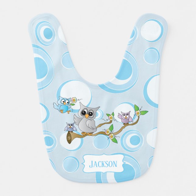 Gray 🦉 Owl on Baby Blue Polka Dots Baby Bib (Front)