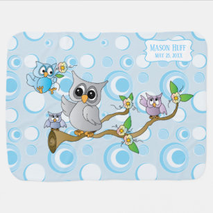 Gray 🦉 Owl on Baby Blue Polka Dots Baby Blanket