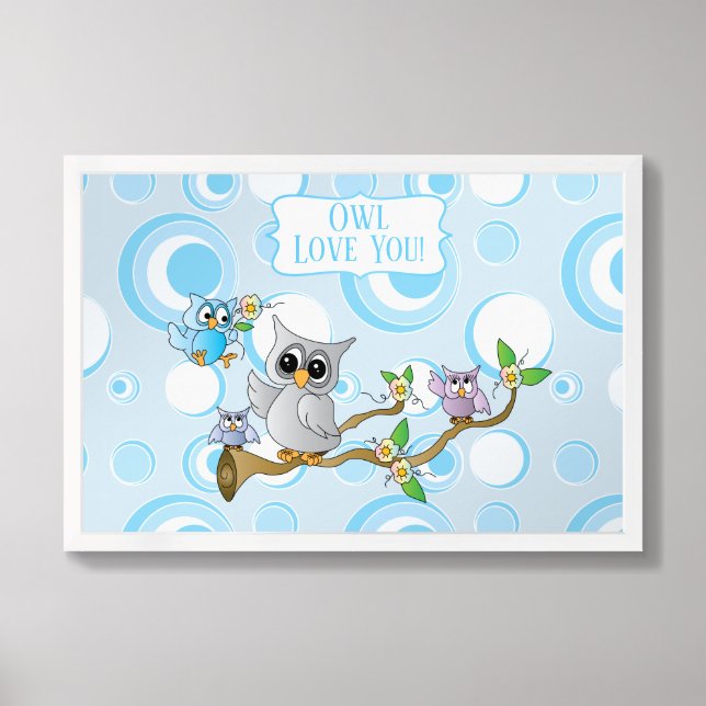 Gray 🦉 Owl on Baby Blue Polka Dots Framed Art (Framed Front)