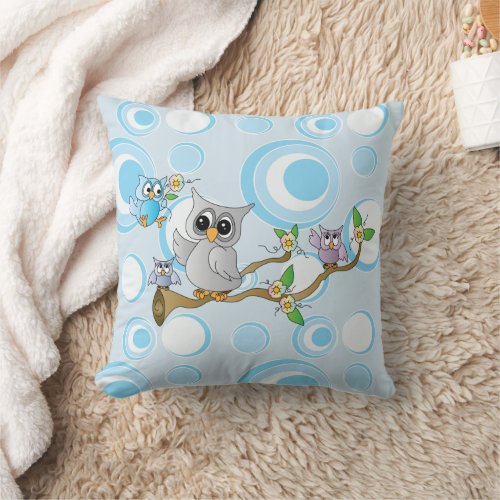 Gray  Owl on Baby Blue Polka Dots Throw Pillow