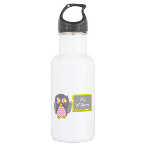 Gray Owl Pink Chevorn Teacher At Chalkboard Stainless Steel Water Bottle