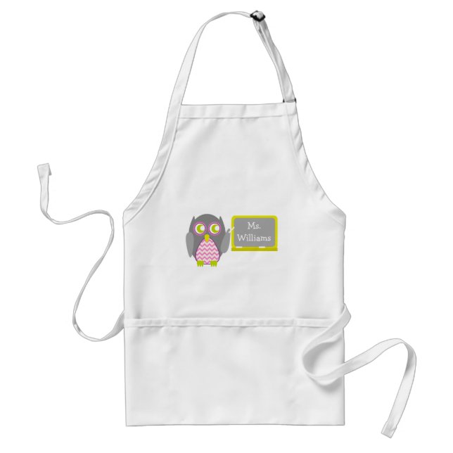 Gray Owl Pink Chevron Teacher At Chalkboard Adult Apron (Front)