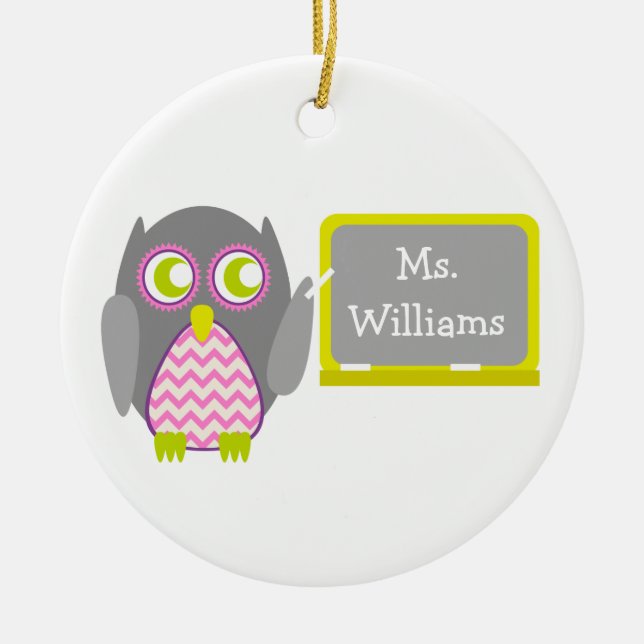 Gray Owl Pink Chevron Teacher At Chalkboard Ceramic Ornament (Front)