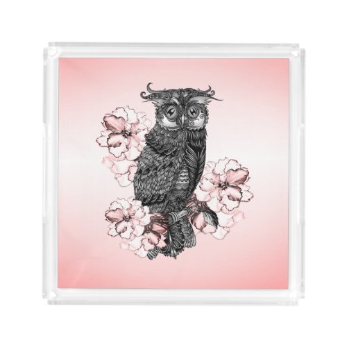 Gray Owl Pink Orchids Acrylic Tray