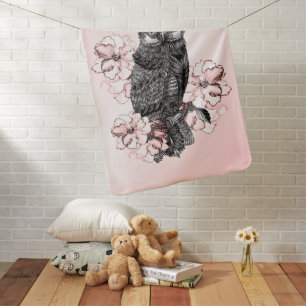 Gray Owl Pink Orchids Baby Blanket