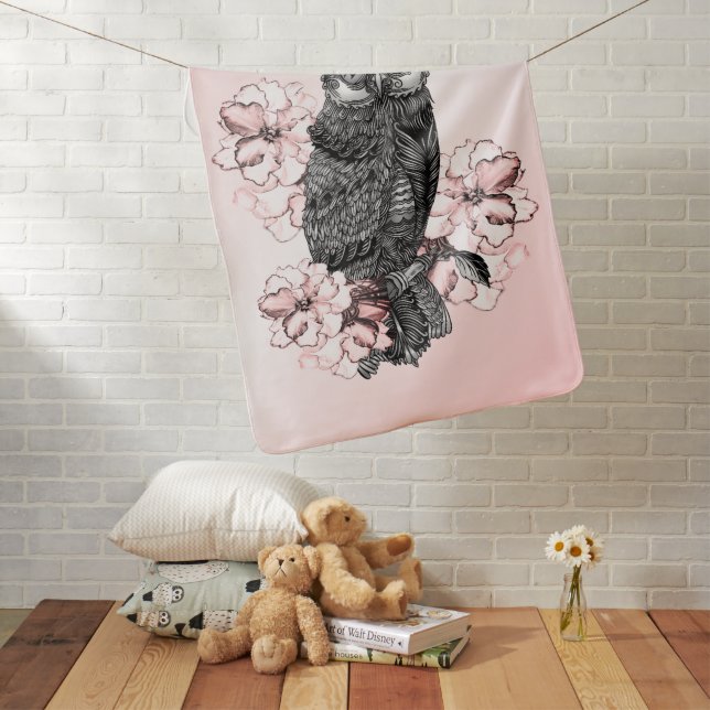 Gray Owl Pink Orchids Baby Blanket (In Situ)