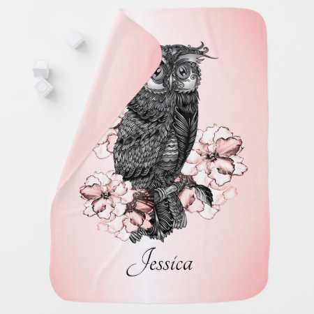 Gray Owl Pink Orchids Baby Blanket