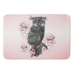 Gray Owl Pink Orchids Bath Mat