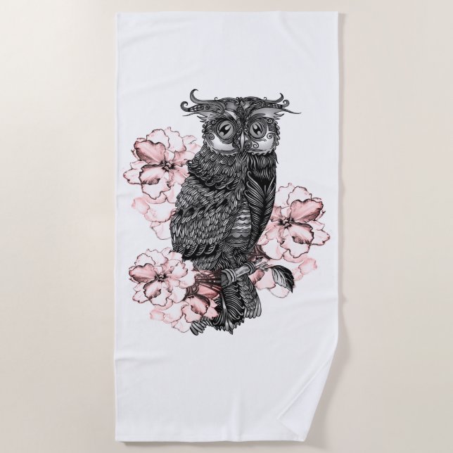 Gray Owl Pink Orchids Beach Towel (Front)